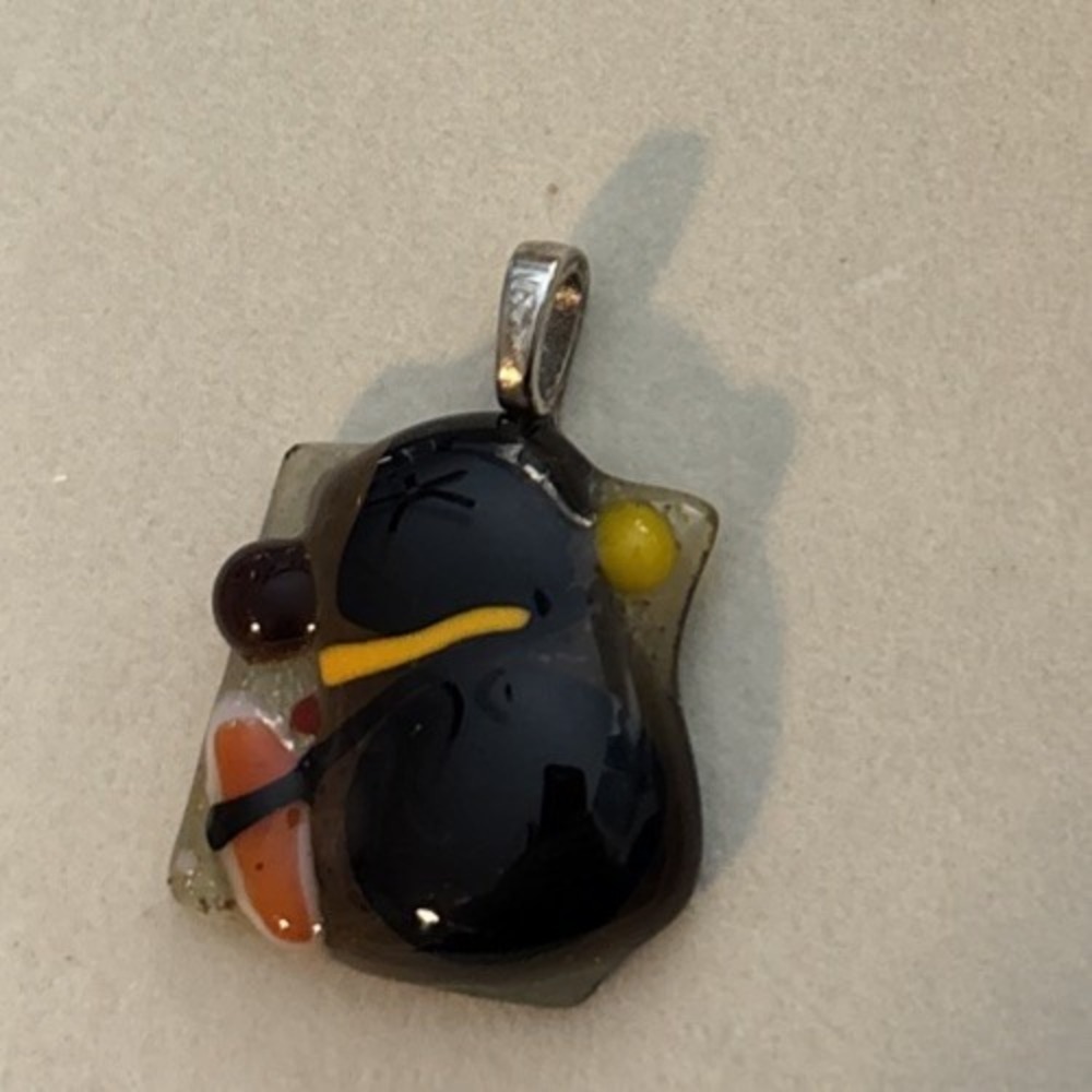 Artisan Fused Glass Pendant Abstract Black Orange Yellow Modernist Statement - Picture 2 of 3